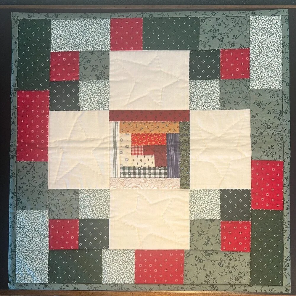 Handcrafted Hand Stitched Quilted Patchwork Log Cabin White Stars Table Topper